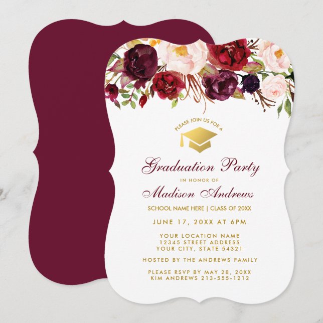 Burgundy Floral Graduation Party Gold Invite BR (Front/Back)