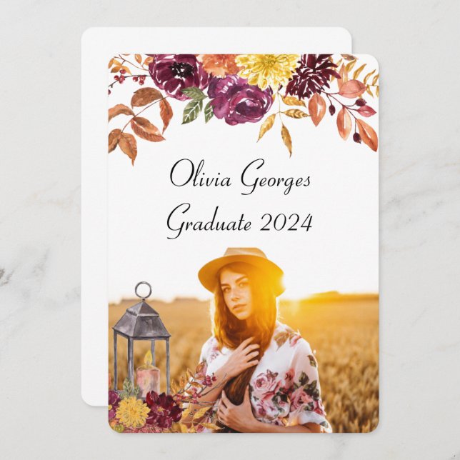 Burgundy floral graduation photo card (Front/Back)