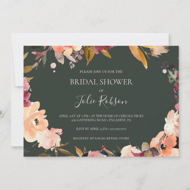 Burgundy Floral | Green Horizontal Bridal Shower Invitation (Front)