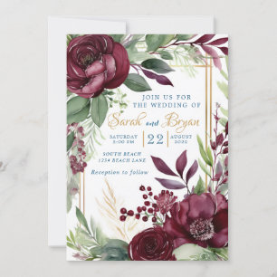 Burgundy Floral Greenery Boho Wedding Invitation