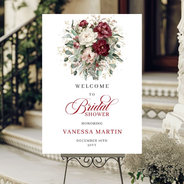 Burgundy Floral Greenery Bridal Shower Welcome Poster (Burgundy Floral Greenery Bridal Shower Welcome)