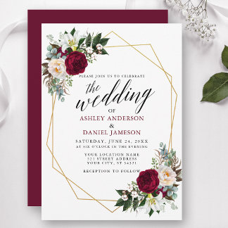 Burgundy Floral Greenery Calligraphy Gold Wedding Invitation
