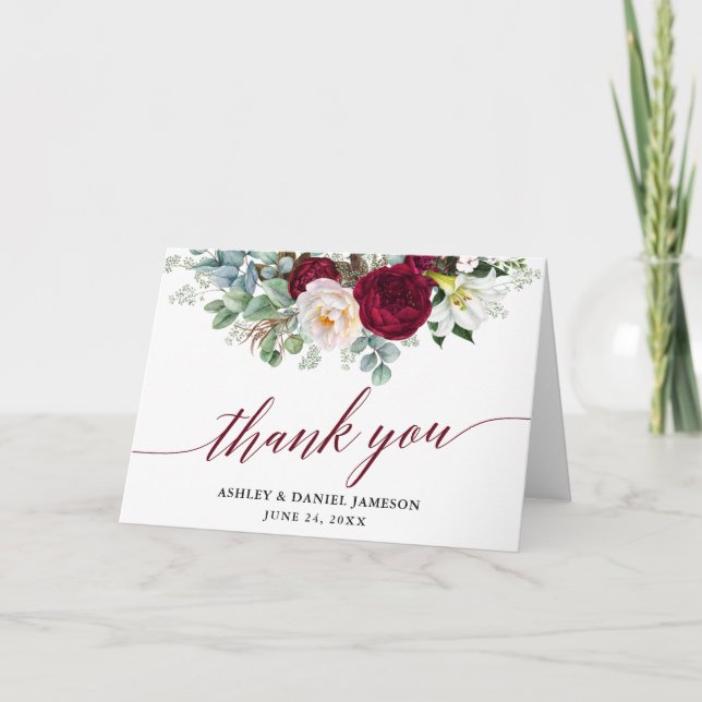 Burgundy Floral Greenery Calligraphy Wedding Fold Thank You Card (Front)