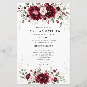 Burgundy Floral Greenery Elegant Wedding Program