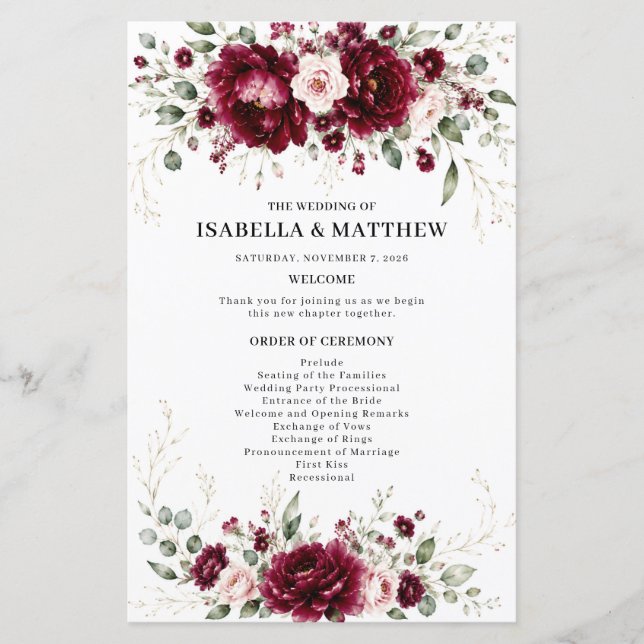 Burgundy Floral Greenery Elegant Wedding Program (Front)