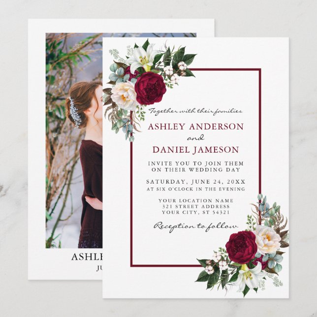 Burgundy Floral Greenery Framed Photo Wedding Invitation (Front/Back)