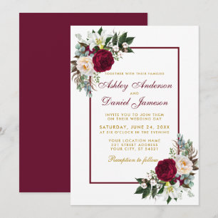 Burgundy Floral Greenery Framed Wedding Gold Invitation