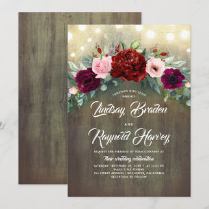 Burgundy Floral Greenery Garland Rustic Wedding Invitation