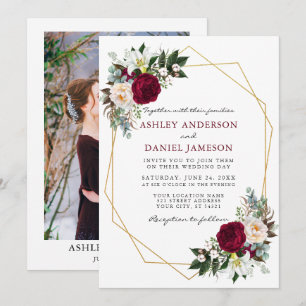 Burgundy Floral Greenery Gold Frame Photo Wedding Invitation
