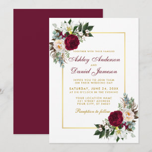 Burgundy Floral Greenery Gold Framed Wedding Invitation