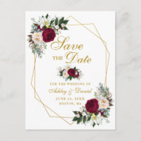 Burgundy Floral Greenery Gold Save The Date