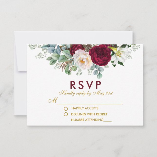 Burgundy Floral Greenery Gold Wedding RSVP Card (Front)