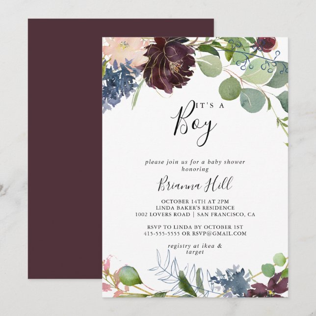 Burgundy Floral Greenery It's A Boy Baby Shower Invitation (Front/Back)