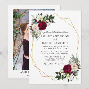 Burgundy Floral Greenery Photo Gold Frame Wedding Invitation