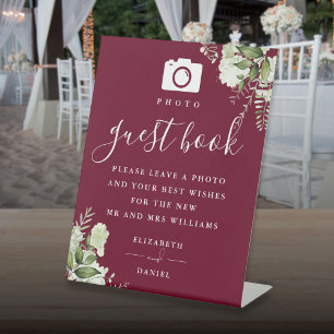 Burgundy Floral Greenery Photo Guest Book Wedding Pedestal Sign