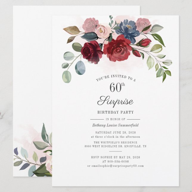 Burgundy Floral Greenery Surprise 60th Birthday Invitation (Front/Back)