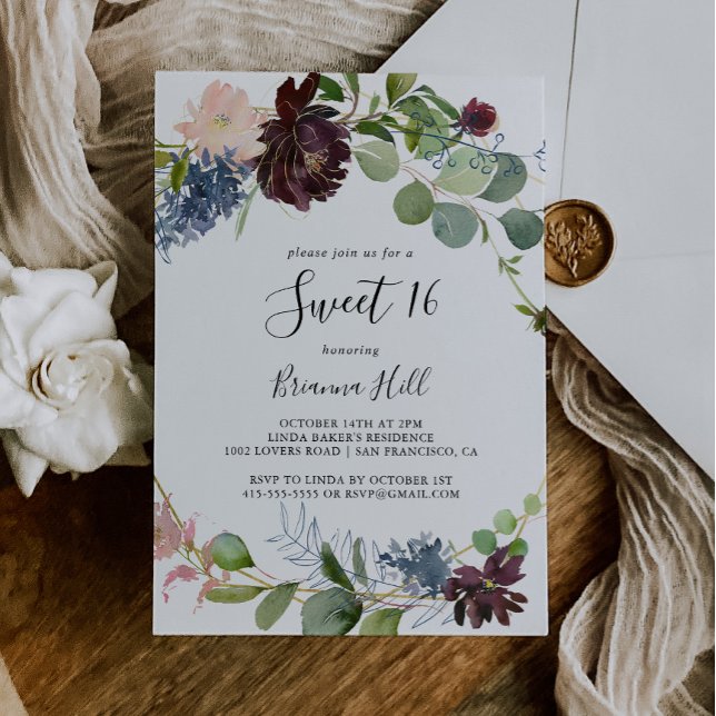 Burgundy Floral Greenery Sweet 16 Birthday Party Invitation (Creator Uploaded)