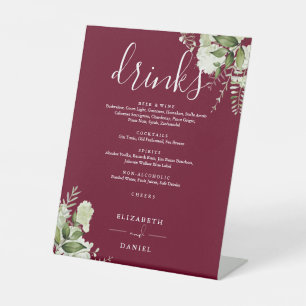 Burgundy Floral Greenery Wedding Drinks Menu Pedestal Sign