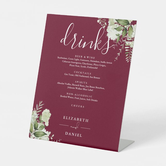 Burgundy Floral Greenery Wedding Drinks Menu Pedestal Sign (Front)
