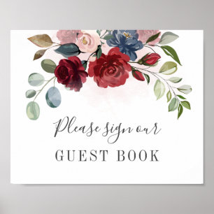 Burgundy Floral Greenery Wedding Guest Book Sign