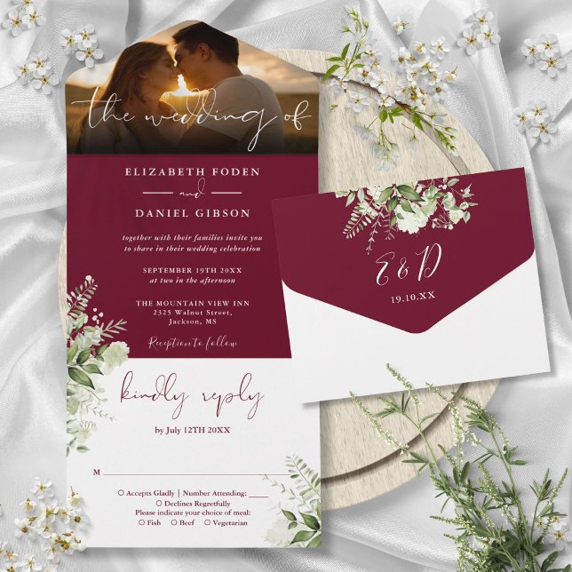 Burgundy Floral Greenery Wedding Photo All In One Invitation (Burgundy Floral Greenery Wedding Photo All In One Invitation)