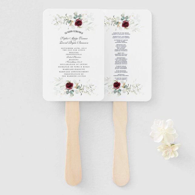 Burgundy Floral Greenery Wedding Program Hand Fan (Front and Back)