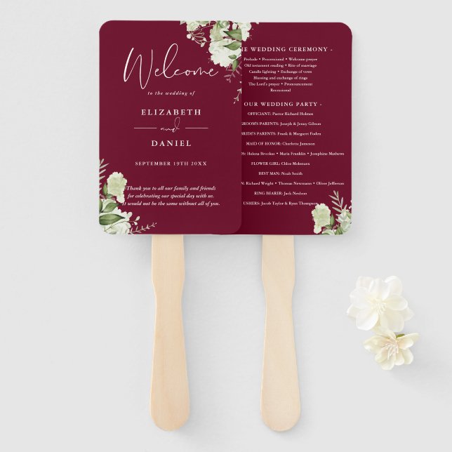 Burgundy Floral Greenery Wedding Program Hand Fan (Front and Back)