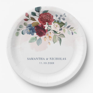 Burgundy Floral Greenery Wedding Reception Paper Plate