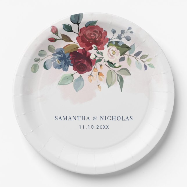 Burgundy Floral Greenery Wedding Reception Paper Plate (Front)