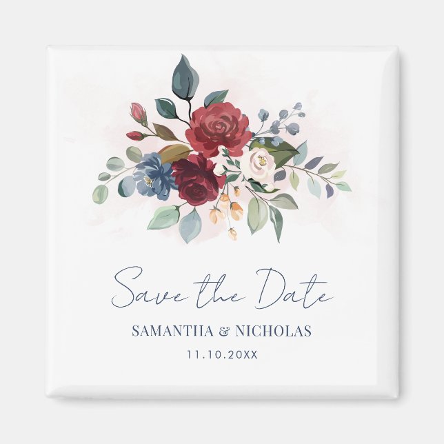 Burgundy Floral Greenery Wedding Save the Date Magnet (Front)