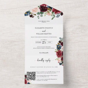 Burgundy Floral Greenery Wedding with QR Code RSVP All In One Invitation