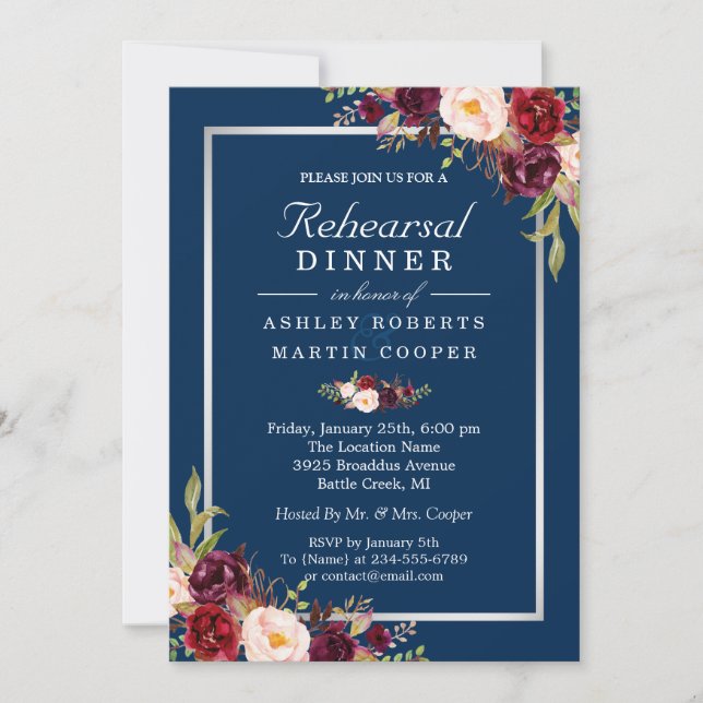 Burgundy Floral Grey Blue Wedding Rehearsal Dinner Invitation (Front)