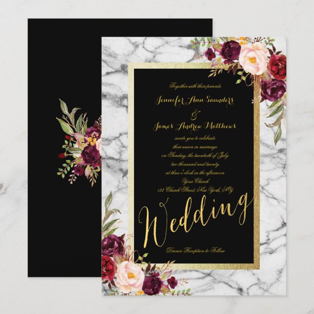 Burgundy Floral Grey Marble Gold Wedding Invitation (Front/Back)
