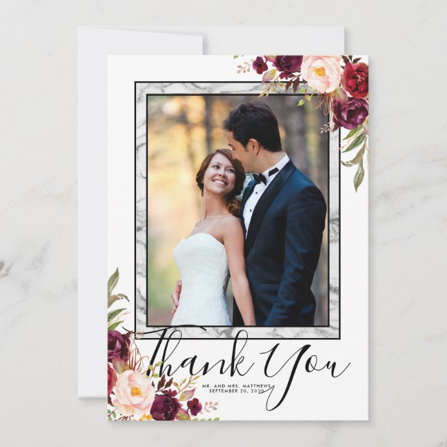 Burgundy Floral Grey Marble Script Photo Wedding Thank You Card (Front)