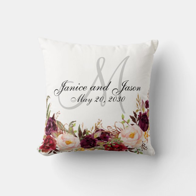 Burgundy Floral Grey White Monogram Wedding Cushion (Front)