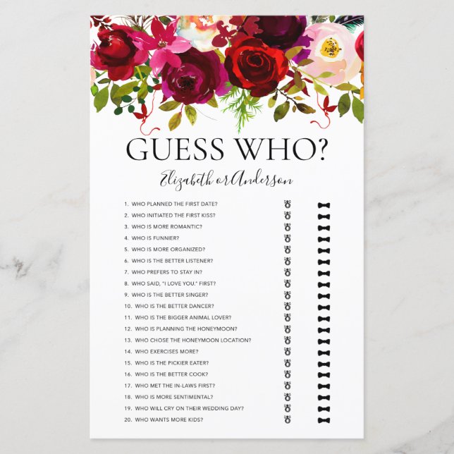 Burgundy Floral Guess Who Bridal Shower Game (Front)