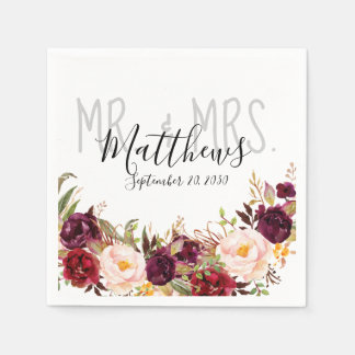 Burgundy Floral Hand Lettered Chic Rustic Wedding Napkin