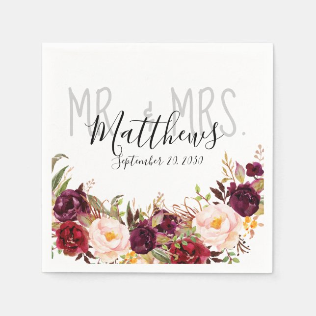 Burgundy Floral Hand Lettered Chic Rustic Wedding Napkin (Front)