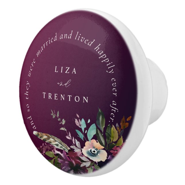 Burgundy Floral Happily Ever After Quote Ceramic Knob (Right)
