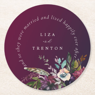 Burgundy Floral Happily Ever After Quote Wedding Round Paper Coaster