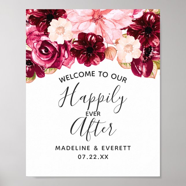 Burgundy Floral Happily ever After Welcome Sign (Front)