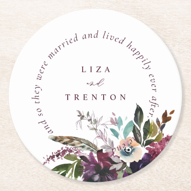 Burgundy Floral Happily Ever After White Wedding Round Paper Coaster (Front)