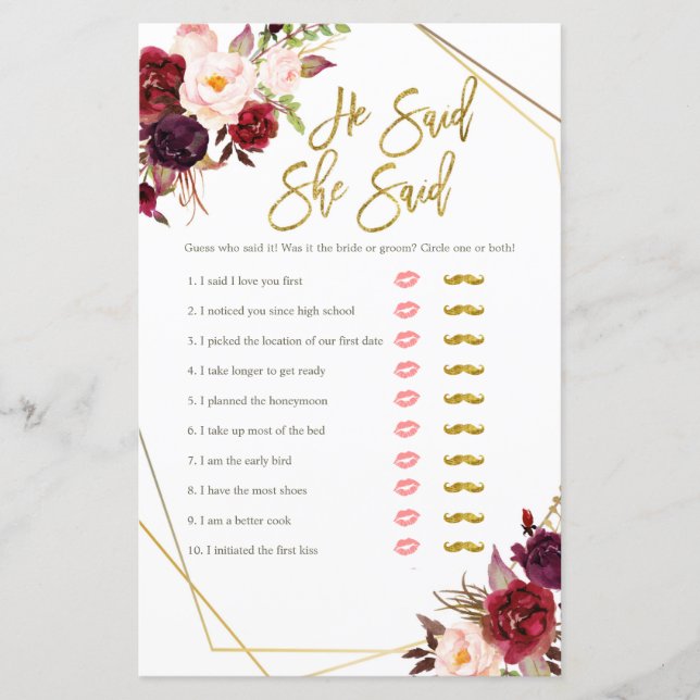 Burgundy Floral he said she said games card (Front)