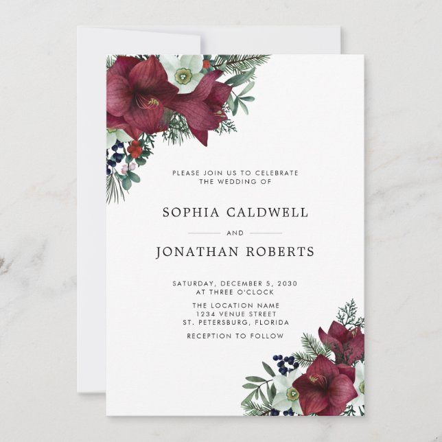 Burgundy Floral Holiday Greenery Winter Wedding  Invitation (Front)