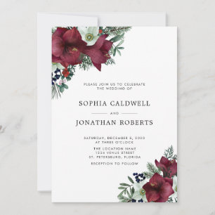 Burgundy Floral Holiday Greenery Winter Wedding  Invitation