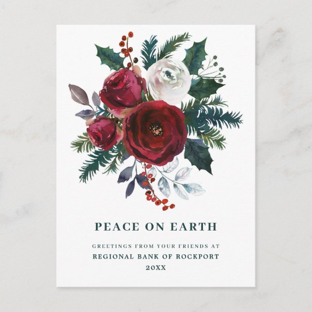 Burgundy Floral Holly Corporate Christmas Postcard (Front)