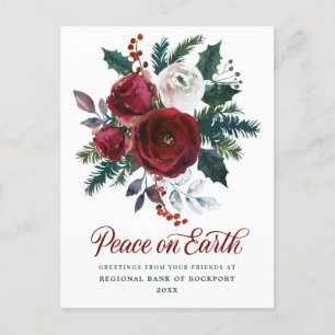 Burgundy Floral Holly Corporate Christmas Postcard
