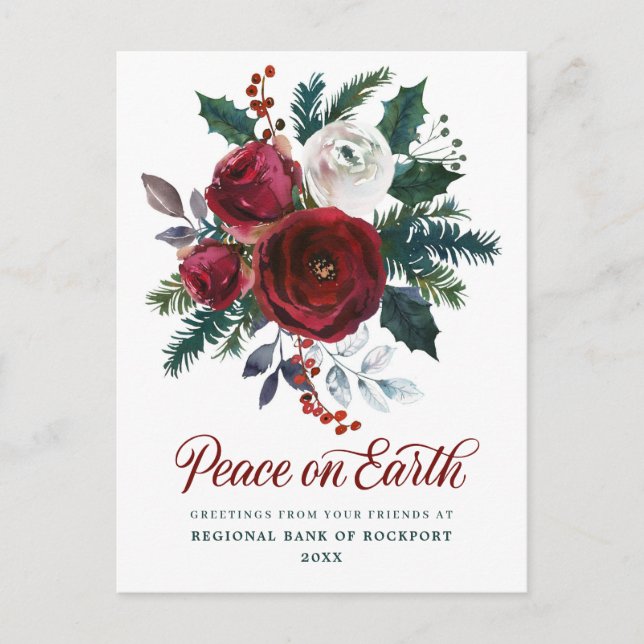 Burgundy Floral Holly Corporate Christmas Postcard (Front)