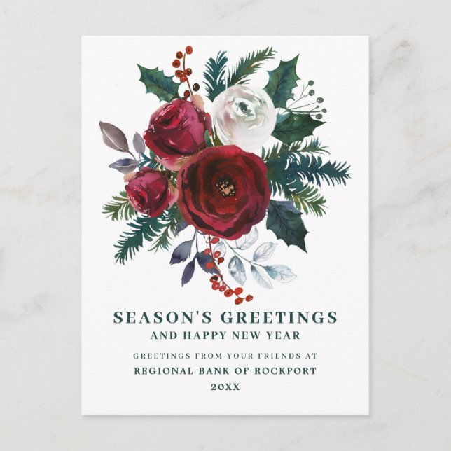 Burgundy Floral Holly Corporate Christmas Postcard (Front)