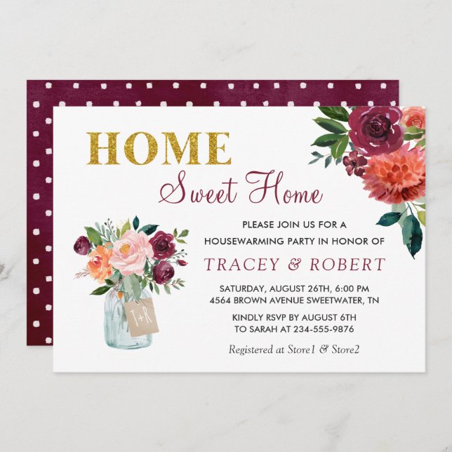 Burgundy Floral Home Sweet Home Housewarming Invitation (Front/Back)